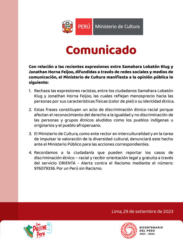 Ministerio de Cultura se pronuncia por expresiones racistas. Foto: Twitter   