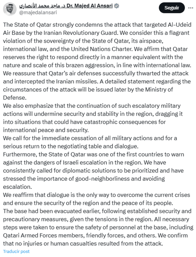 Comunicado de Al Ansari. Foto: X   