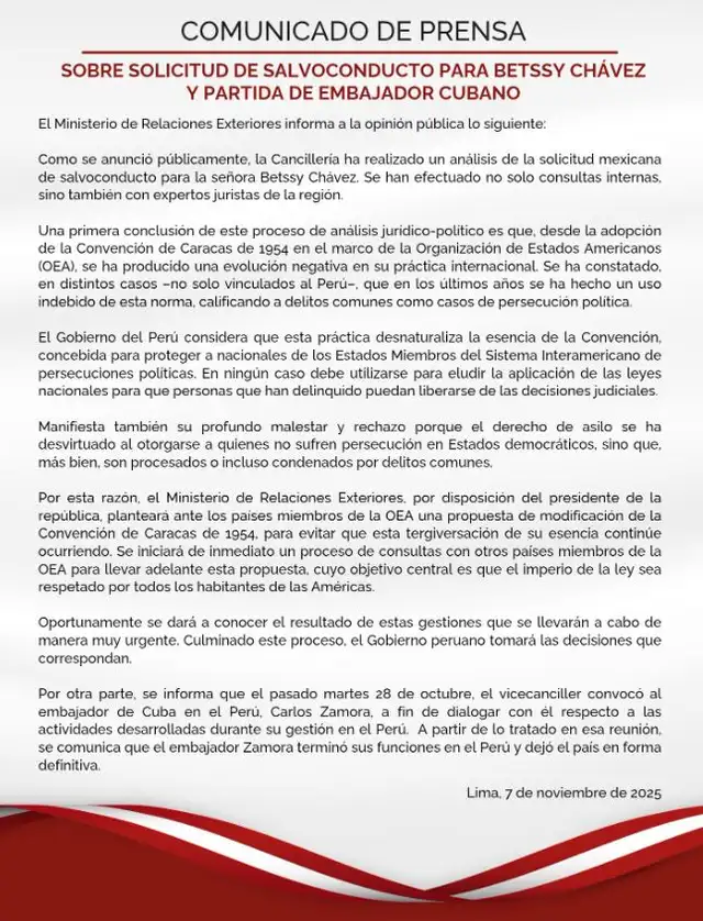 Cancillería comunicado sobre Betssy Chávez