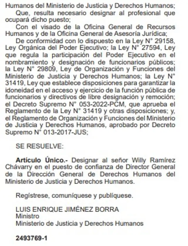  Nombramiento de Ramírez Chávarry como Director General de la Dirección General del Minjusdh | Foto: Normas Legales/El Peruano.   