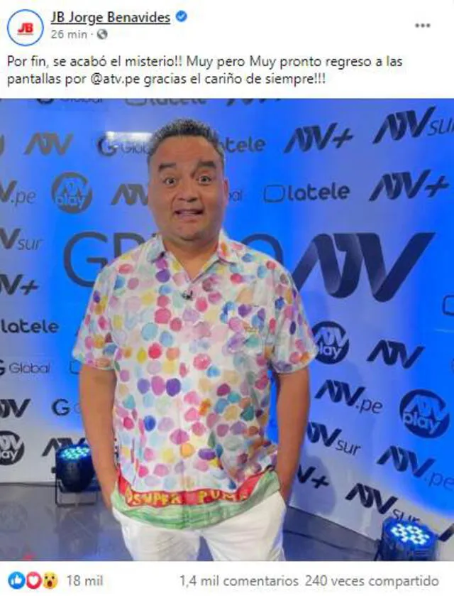 Jorge Benavides confirma su ingreso ATV “Muy pronto regreso”