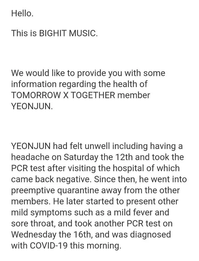 Comunicado de BIG HIT sobre Yeonjun. Foto: Weverse