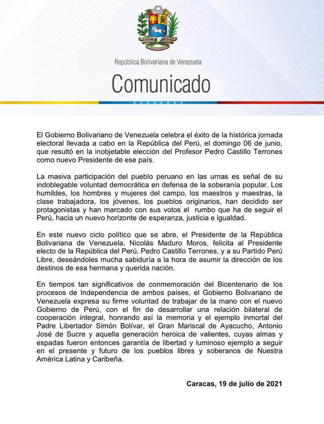 Comunicado de la Cancillería venezolana sobre la proclamación de Pedro Castillo. Foto: Twitter