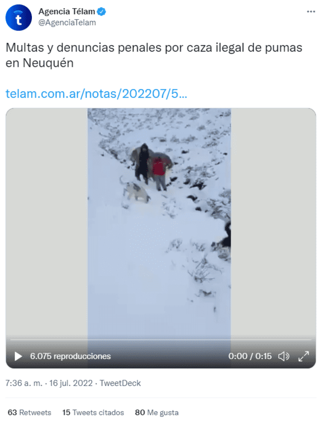 Tuit del Télam que afirma que el video de la caza ilegal sucedió en Neuquén, Argentina Foto: captura en Twitter / Télam.