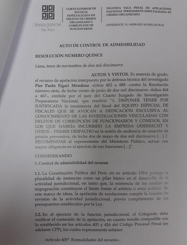 Documento indica que Poder Judicial resuelve justificar inasistencia de fiscal Pérez.