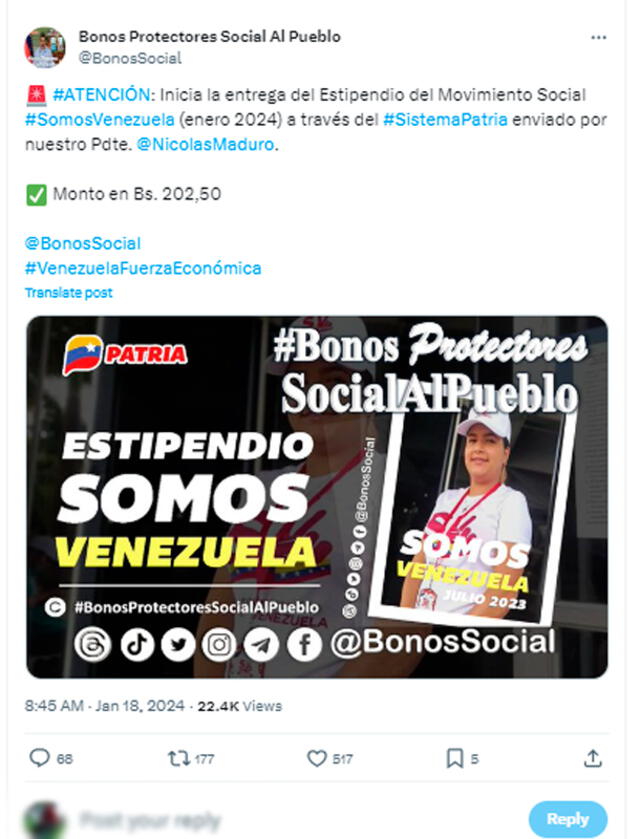 Ya se inició el pago del Bono Somos Venezuela de enero 2024. Foto: composición LR/X/Bonos Protectores Social Al Pueblo   