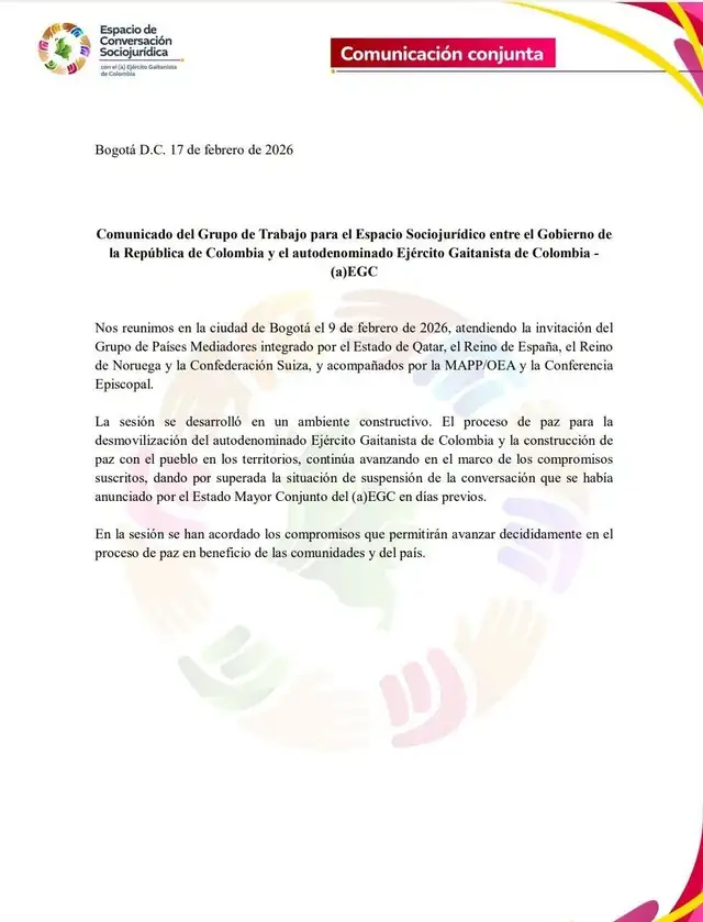 Comunicado conjunto sobre la reanudación de las conversaciones entre el gobierno colombiano y el EGC. Foto: ECS Comunicado conjunto sobre la reanudación de las conversaciones entre el gobierno colombiano y el EGC. Foto: ECS