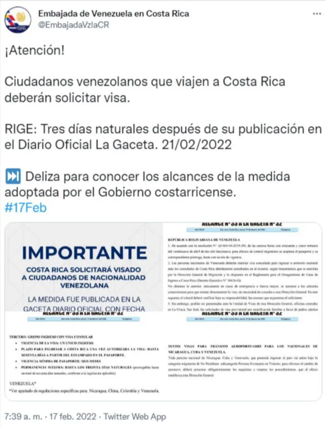 La embajada de Venezuela reconocida en Costa Rica difundió la noticia en Twitter. Foto: captura de @EmbajadaVzlaCR