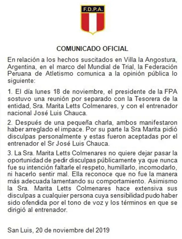 Comunicado de la Federación Peruana de Atletismo.