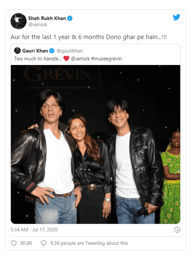 Respuesta de SRK al tweet de su esposa Gauri Khan.  Crédito:  captura  Twitter