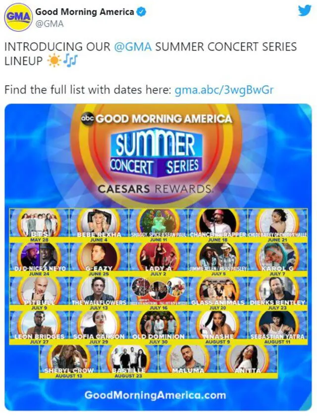Lineup del GMA Summer Concert Series. Foto: Good Morning America.