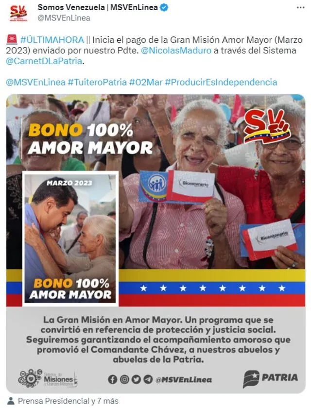  La cuenta Somos Venezuela informó sobre el pago de la pensión Amor Mayor. Foto: MSVEnLinea/ Twitter   