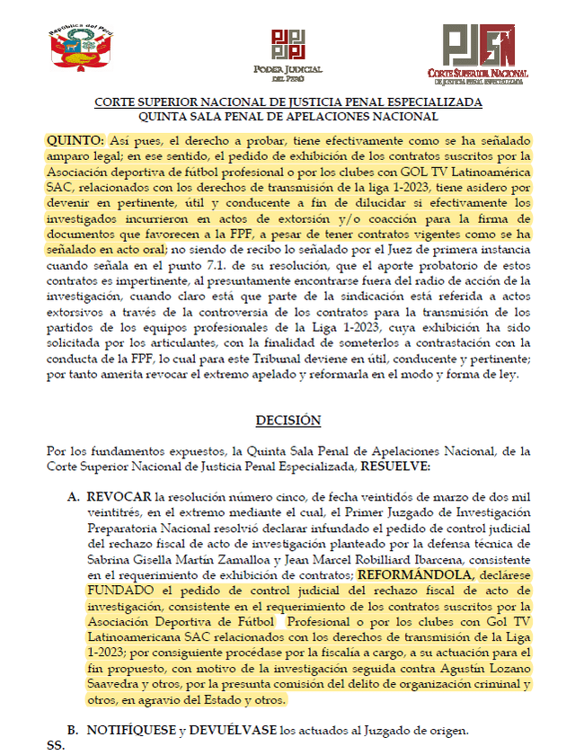  La carta del Poder Judicial donde ordena a los clubes entregar contratos firmados con GolPerú. Foto: Twitter Carlos Caro Coria.   