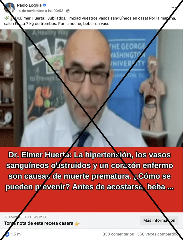 Publicación falsa atribuye declaraciones apócrifas al doctor Elmer Huerta. Foto: captura de Facebook   