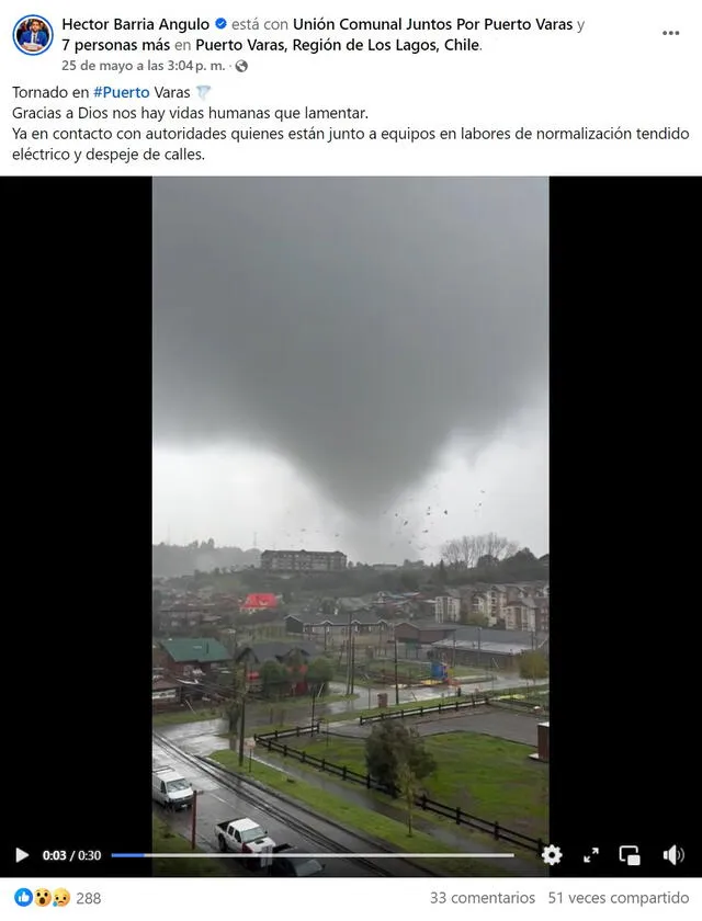 <em>Video del tornado en Puerto Varas. Foto: captura de Facebook</em>   