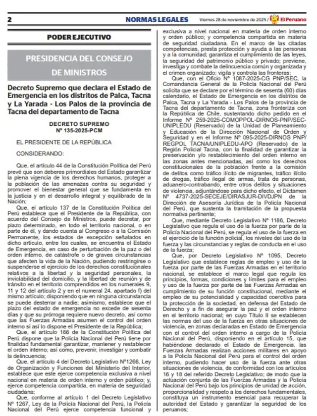 Decreto Supremo que declara el Estado de Emergencia en frontera Perú-Chile | Foto: El Peruano. Decreto Supremo que declara el Estado de Emergencia en frontera Perú-Chile | Foto: El Peruano.