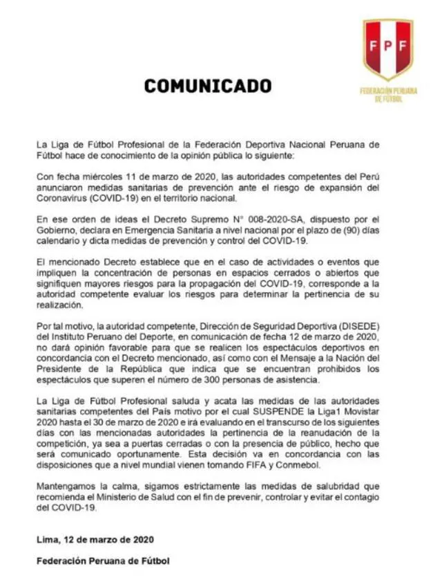 Comunicado de la Federación Peruana de Fútbol.