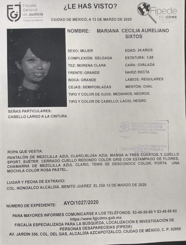 Ficha de búsqueda de Mariana Cecilia. (Foto: FGJ-CDMX)