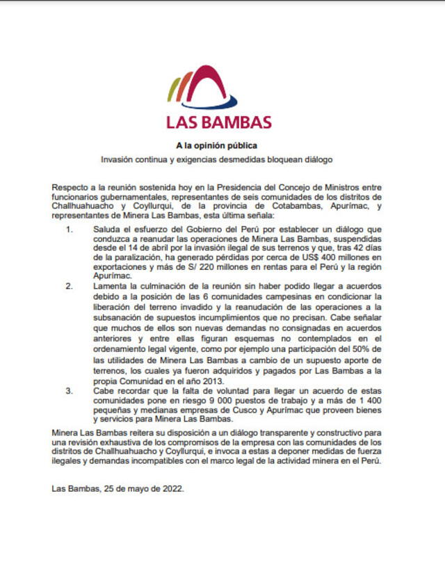 Las Bambas: reunión de trabajo con comuneros de Apurímac en la PCM no logró acuerdos