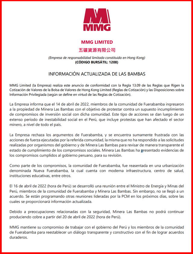 Las Bambas oficializa que este miércoles 20 dejará de producir cobre en Apurímac