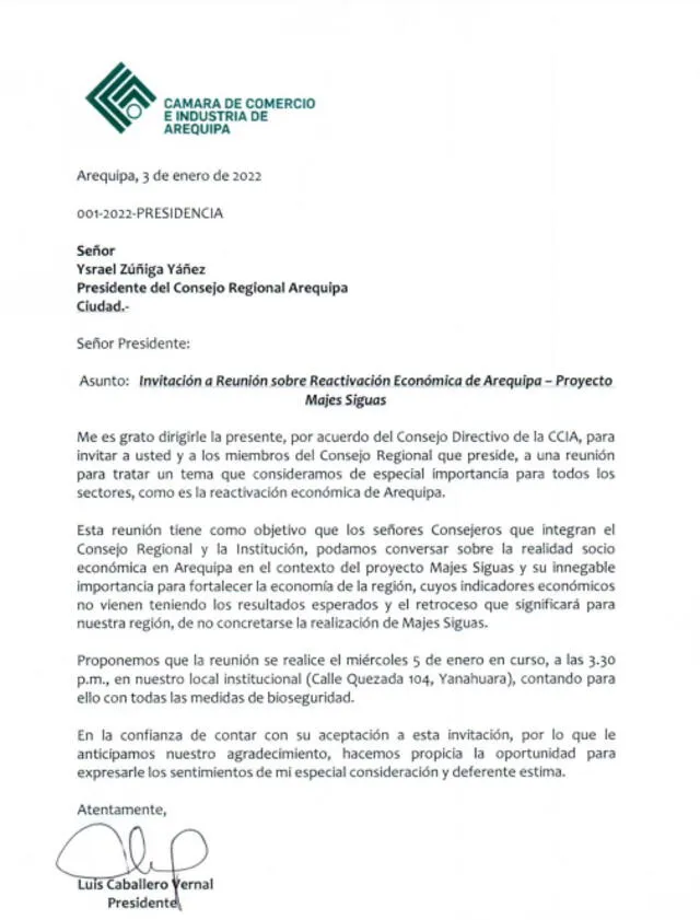 Arequipa: Cámara de Comercio convoca a reunión a consejeros para tratar Majes Siguas II