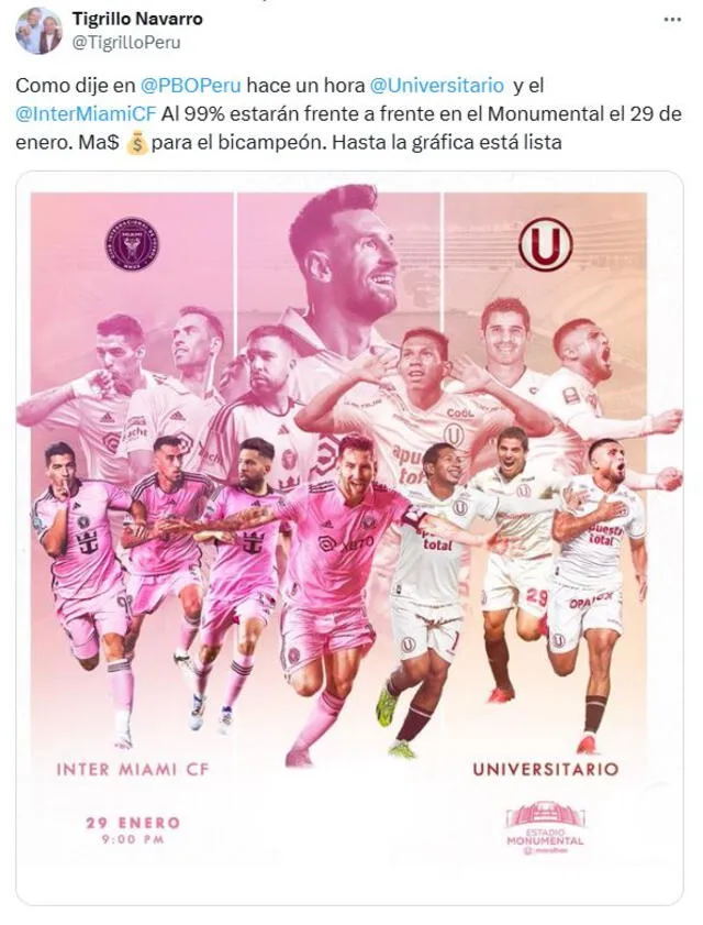  Universitario podría enfrentar a Inter Miami de Lionel Messi. Foto: captura X/Tigrillo Navarro   