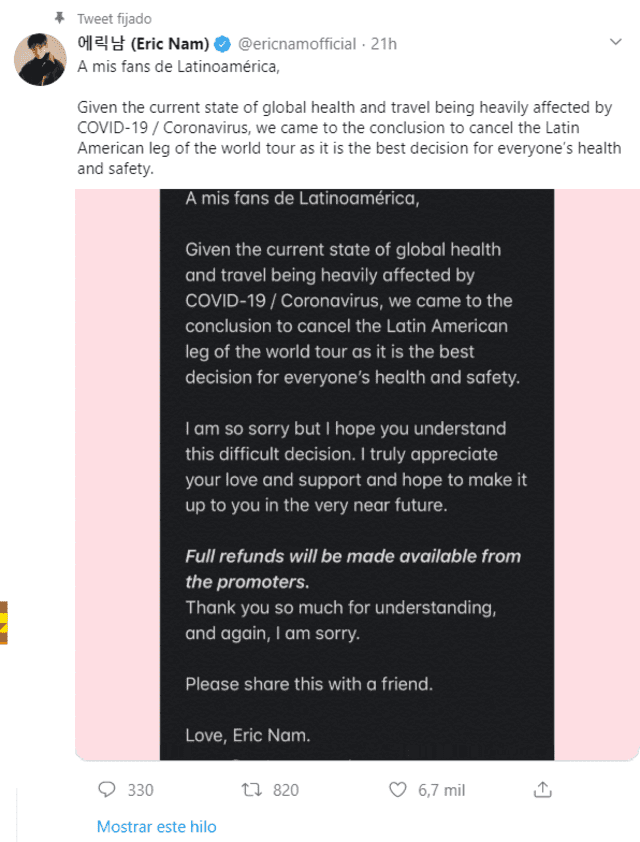 Publicación de Eric Nam anunciando la cancelación de la gira Before We Begin World Tour 2020 por Latinoamérica. Twitter, 16 de marzo 2020.