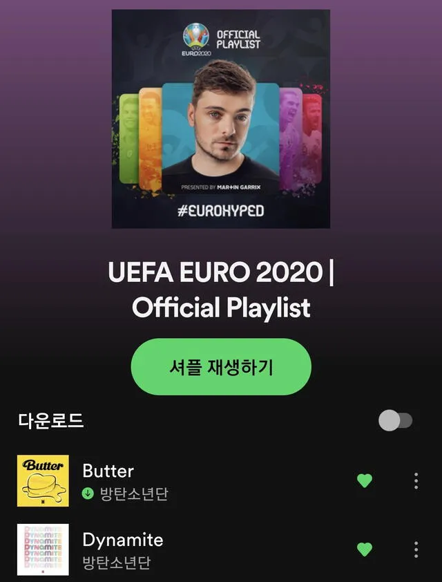 BTS en la playlist oficial de laUEFA EURO. Foto: captura Spotify