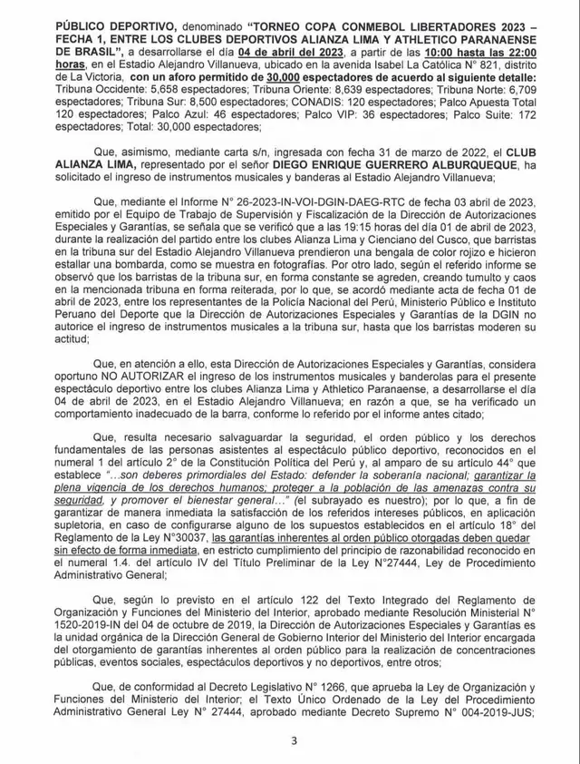 Documento que prohibe ingreso de banderolas e instrumentos a hinchas de Alianza Lima.<strong> Foto: Twitter</strong> Documento que prohibe ingreso de banderolas e instrumentos a hinchas de Alianza Lima.<strong> Foto: Twitter</strong>