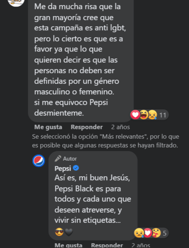  Respuesta de Pepsi a usuario sobre la campaña "los géneros son para la música, no para las personas". Foto: captura de Facebook   