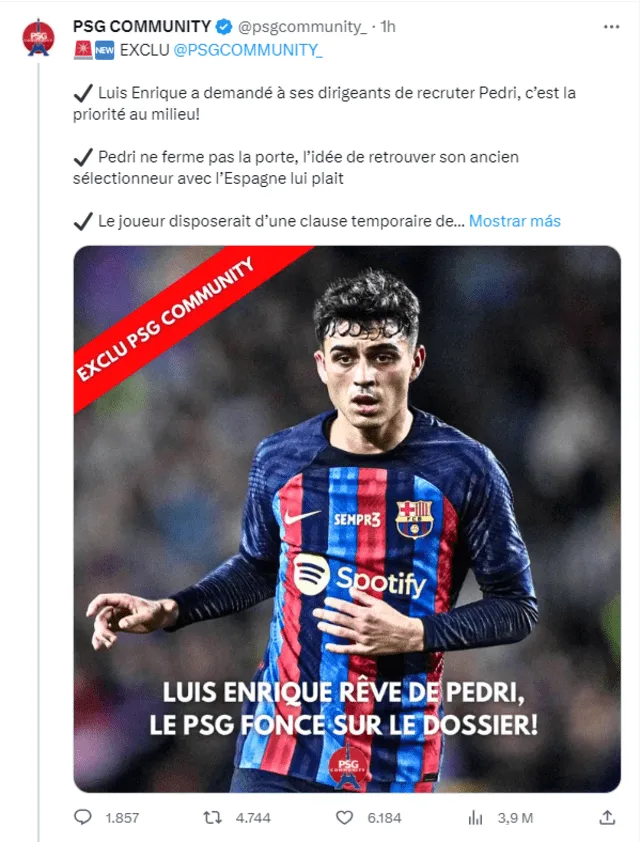  Pedri estaría en el radar del PSG y podría marcharse del Barcelona. Foto: captura Twitter.   