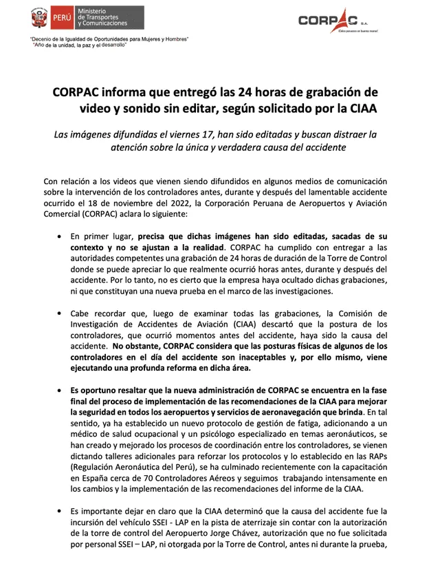 Comunicado Corpac Foto: Corpac 