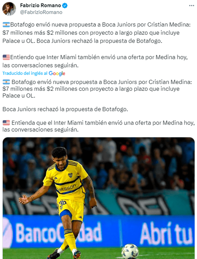  Boca Juniors rechazó 2 ofertas de Botafogo. Foto: Twitter   