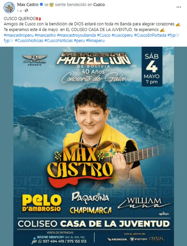 Max Castro brindará show en Cusco. Foto: Facebook   