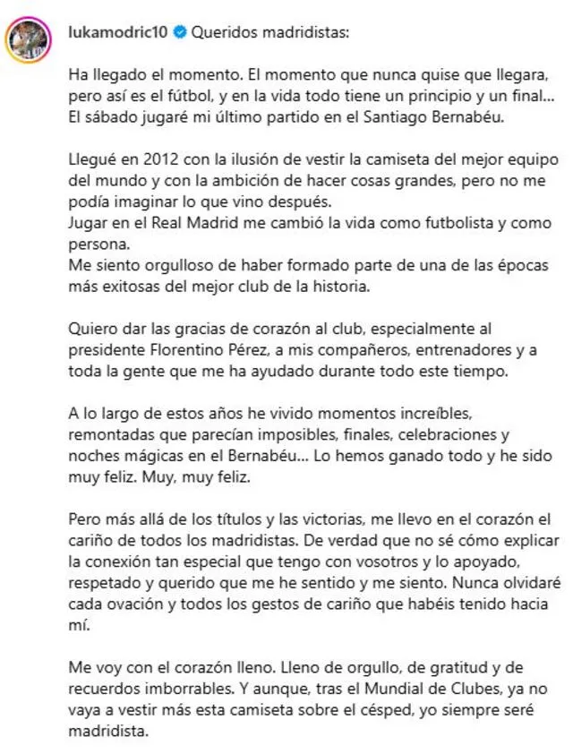 Luka Modric anunció su despedida con un sentido mensaje. Foto: Instagram/Luka Modric Luka Modric anunció su despedida con un sentido mensaje. Foto: Instagram/Luka Modric