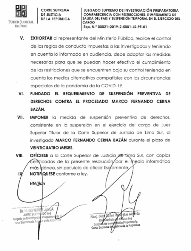 Resolución judicial que suspende a Marco Cerna por 2 años.