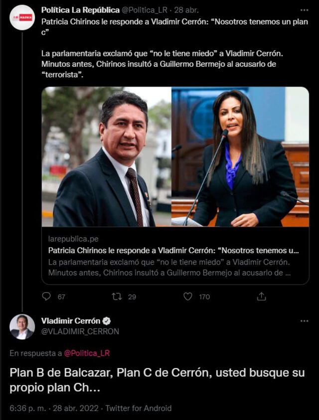 Vladimir Cerrón se pronuncia ante respuesta de Patricia Chirinos.