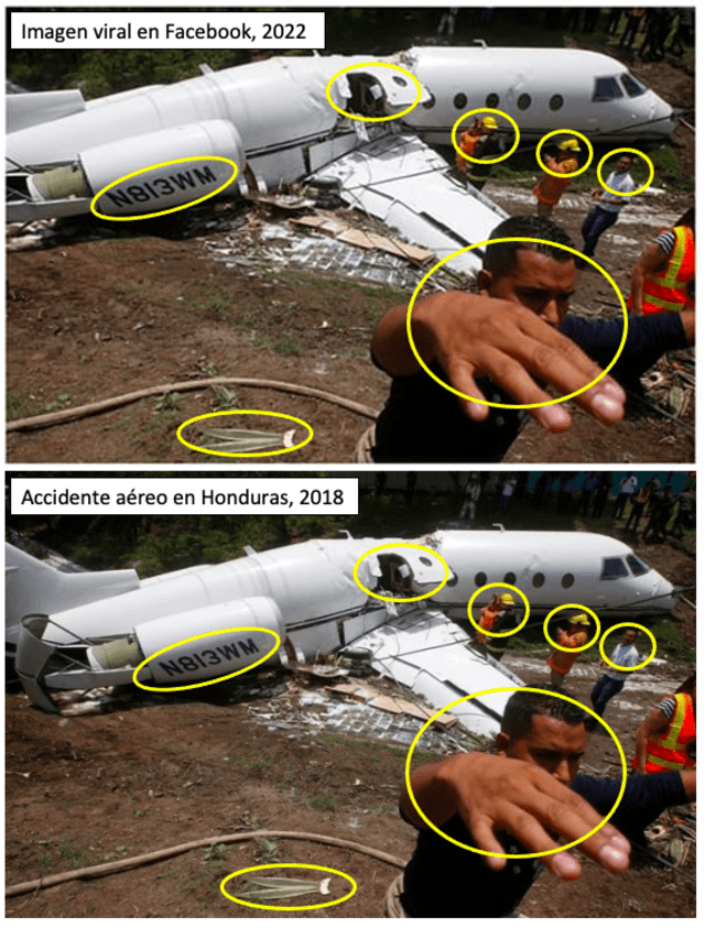 Comparación entre la imagen viral que muestra un supuesto accidente actual en Italia (arriba) y el evento que tuvo lugar en Honduras hace cuatro años (abajo). Fuente: Composición LR, Facebook, Cienradios.