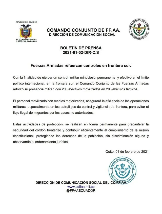 El comunicado publicado por las Fuerzas Armadas del Ecuador. Foto: difusión