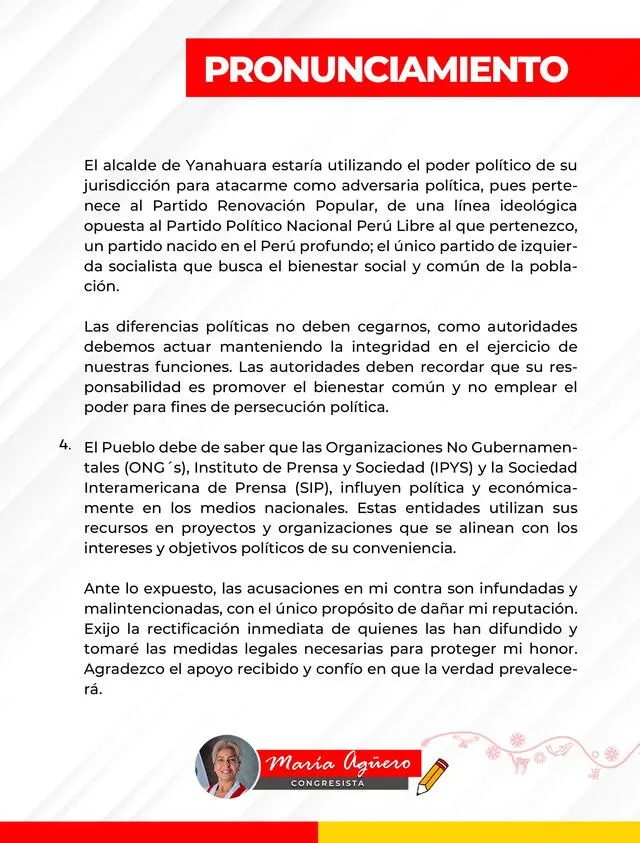 Comunicado de la congresista María Agüero. Foto: X (antes Twitter)   