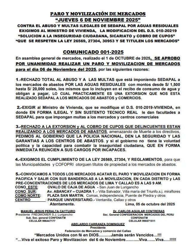 Mercados de abasto en Lima y Callao acatarán paro este 6 de noviembre.   