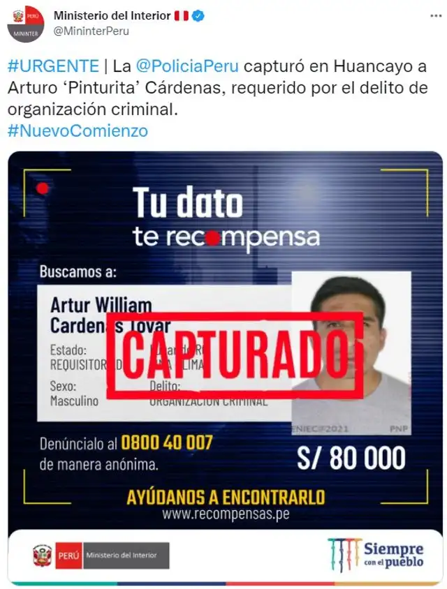 Policía de Huancayo capturó al integrante de la organización criminal "Los dinámicos del centro". Foto: Mininter