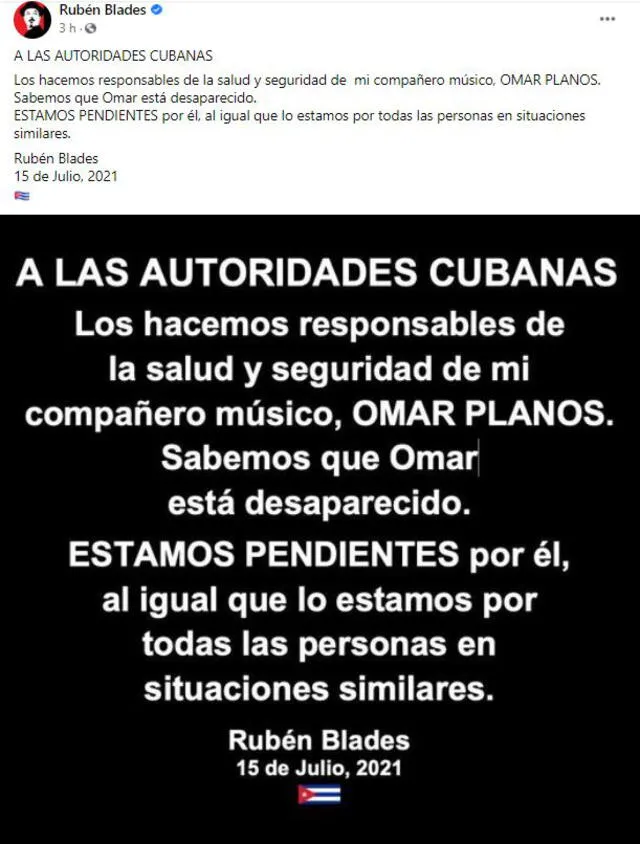 Rubén Blades se manifestó en contra de las represalias contra los manifestantes en Cuba.