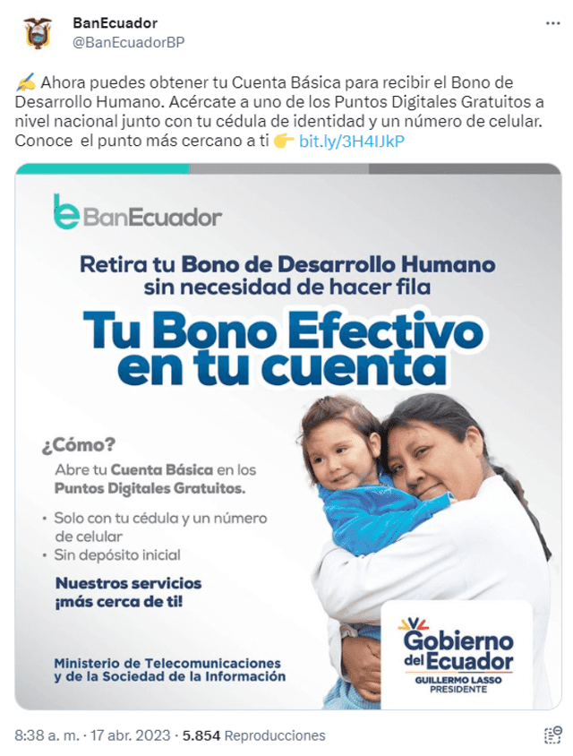 El Banco de Ecuador implementó un sistema de creación de cuentas para acceder do forma rápida y segura al Bono de Desarrollo Humano. Foto: Twitter/BanEcuador.