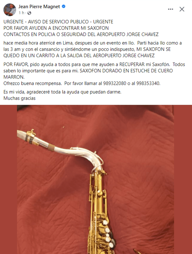  Jean Pierre Magnet denuncia la pérdida de su saxofón. Foto: Facebook/Jean Pierre Magnet    