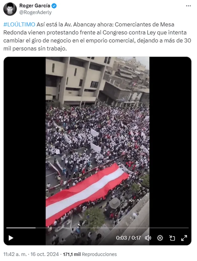  Clip similar al video en cuestión fue difundido el 16 de octubre de 2024 y estaba asociado a la protesta de comerciantes de Mesa Redonda. Foto: captura en X /l Roger García.<br><br>    