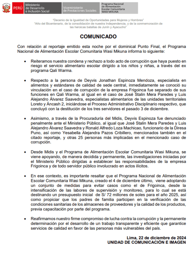  Comunicado del Ministerio de Desarrollo e Inclusión Social. 