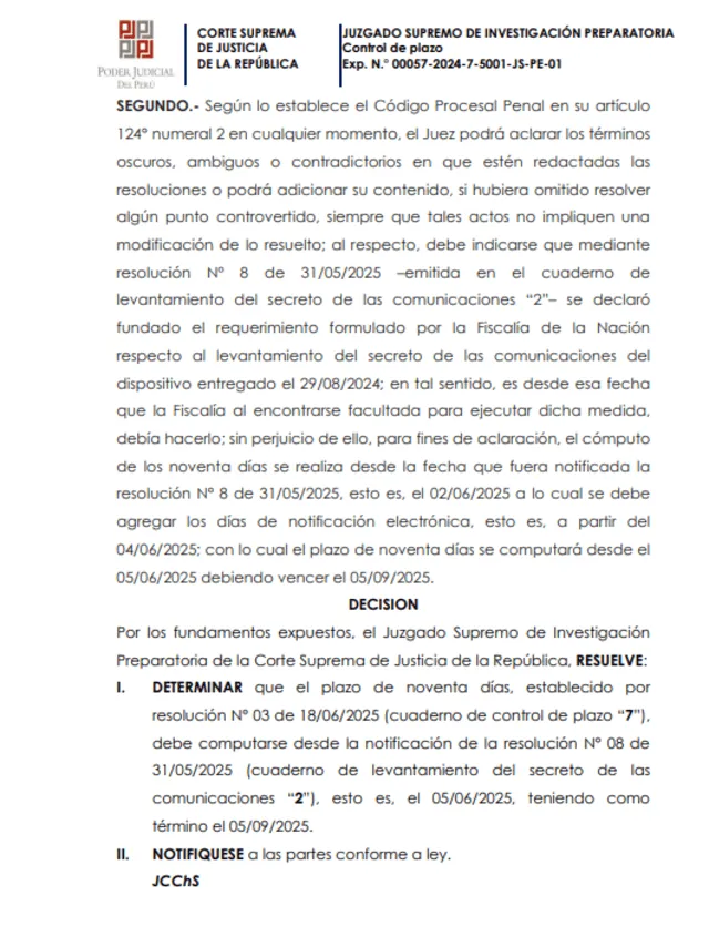 Resolución del Poder Judicial que establece el tiempo en el que se llevará a cabo la investigación | Foto: PJ. Resolución del Poder Judicial que establece el tiempo en el que se llevará a cabo la investigación | Foto: PJ.