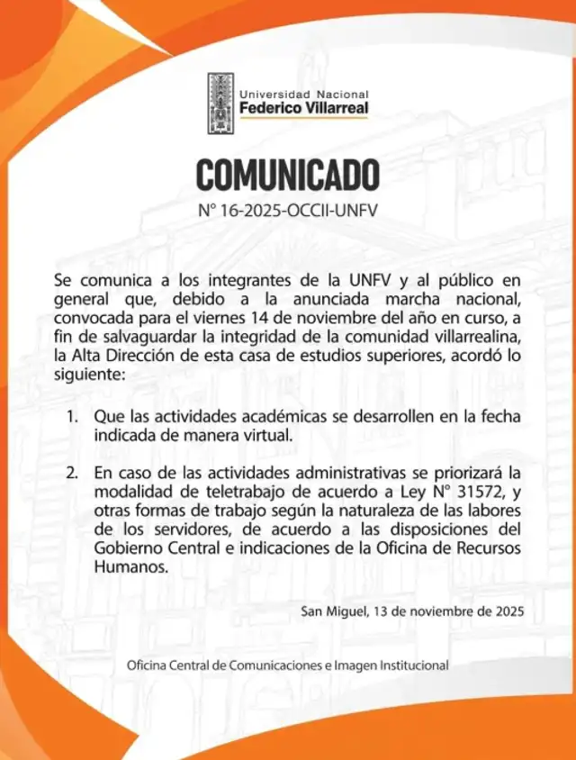La UNFV priorizó la modalidad de teletrabajo este jueves.   
