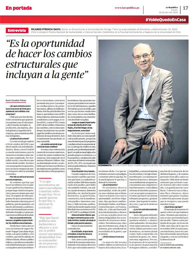 Foto de la entrevista al economista chileno Ricardo Ffrench en La República (30/04/2020). Foto: Captura.